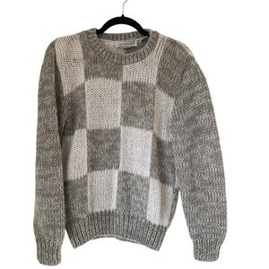 Vtg Steppingstones Sz Medium Grey White Checkered Knit Pullover Hand Knit Womens